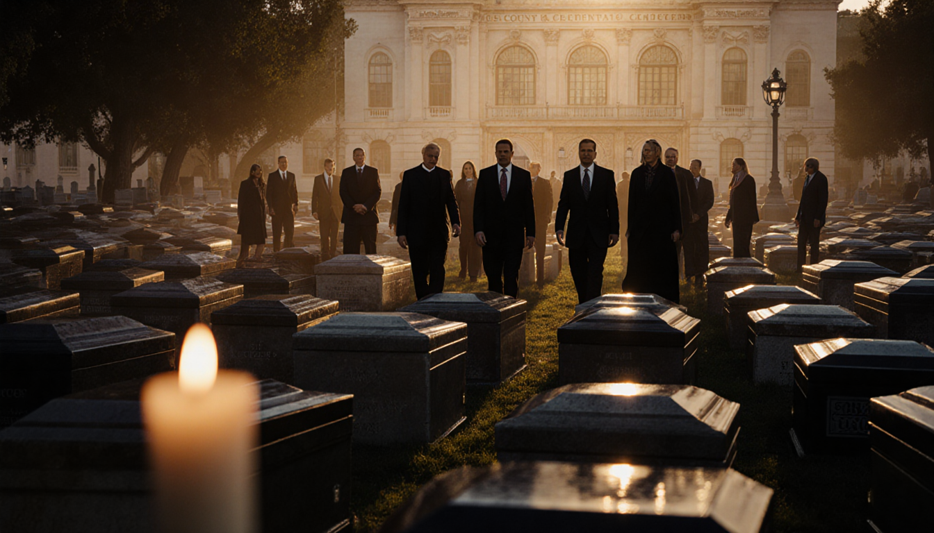 Dignitaries walking toward a communal grave with a solitary candle flickering in golden light
