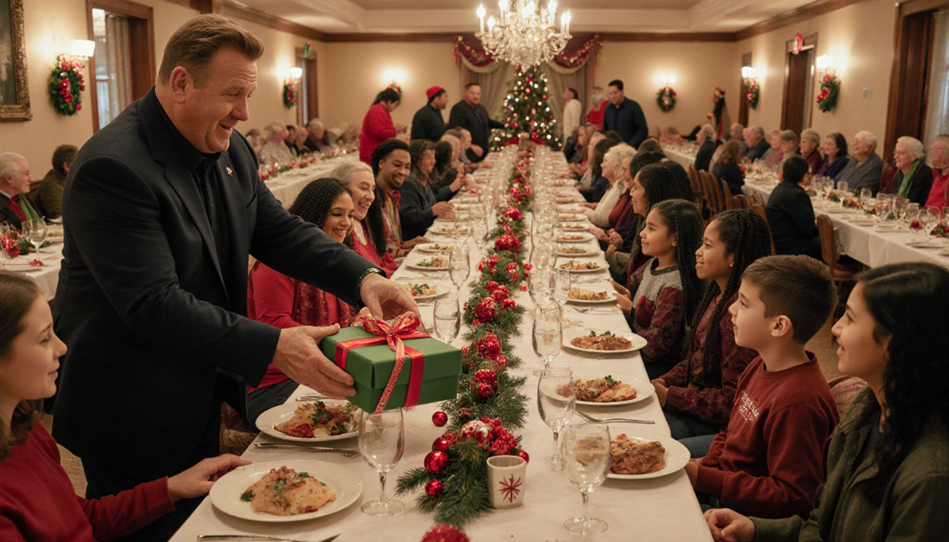 Tim Allen presenting a wrapped gift to a child with volunteers serving food at a Christmas dinner in a community hall