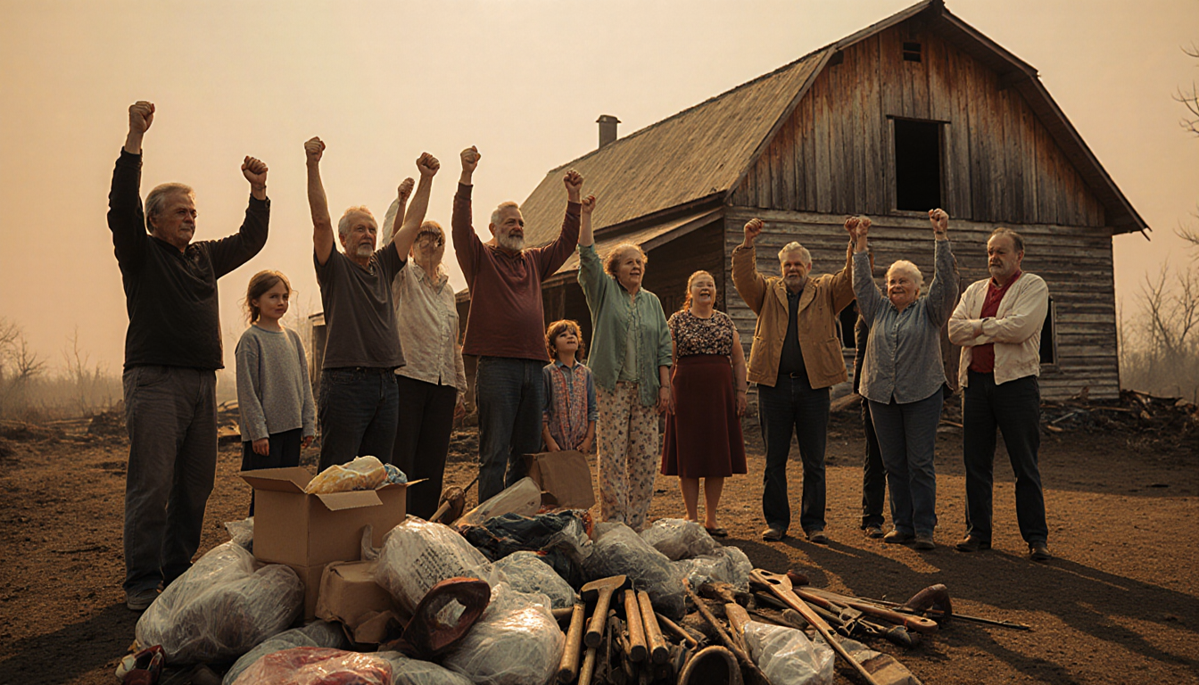 Community members clasp hands and lift faces with warm light and smoky haze behind a rebuilt farm, surrounded by donated tool