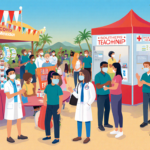 People receiving COVID-19 shots with mask displays and hand sanitizer at a sunny community health fair.