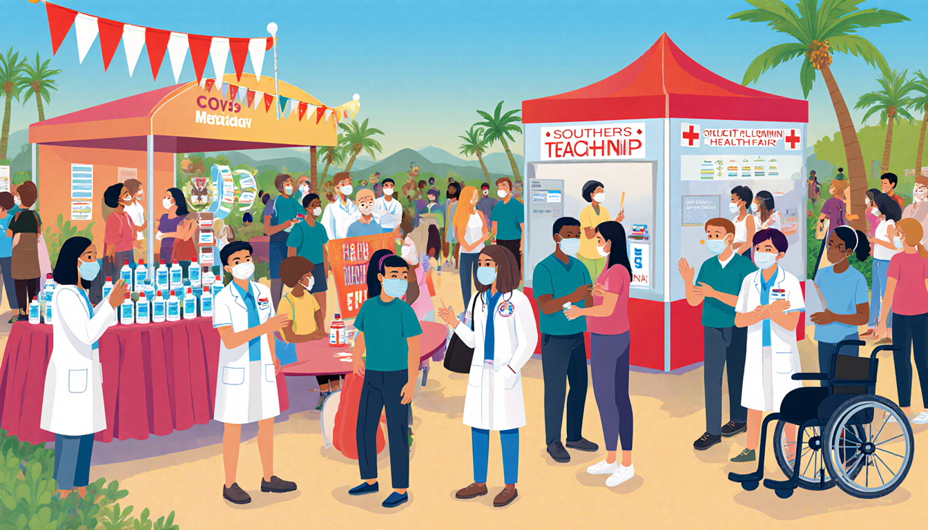 People receiving COVID-19 shots with mask displays and hand sanitizer at a sunny community health fair.