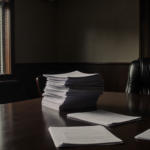 Documents stacked on a dimly lit table displaying corruption with a faint marijuana plant visible through the window