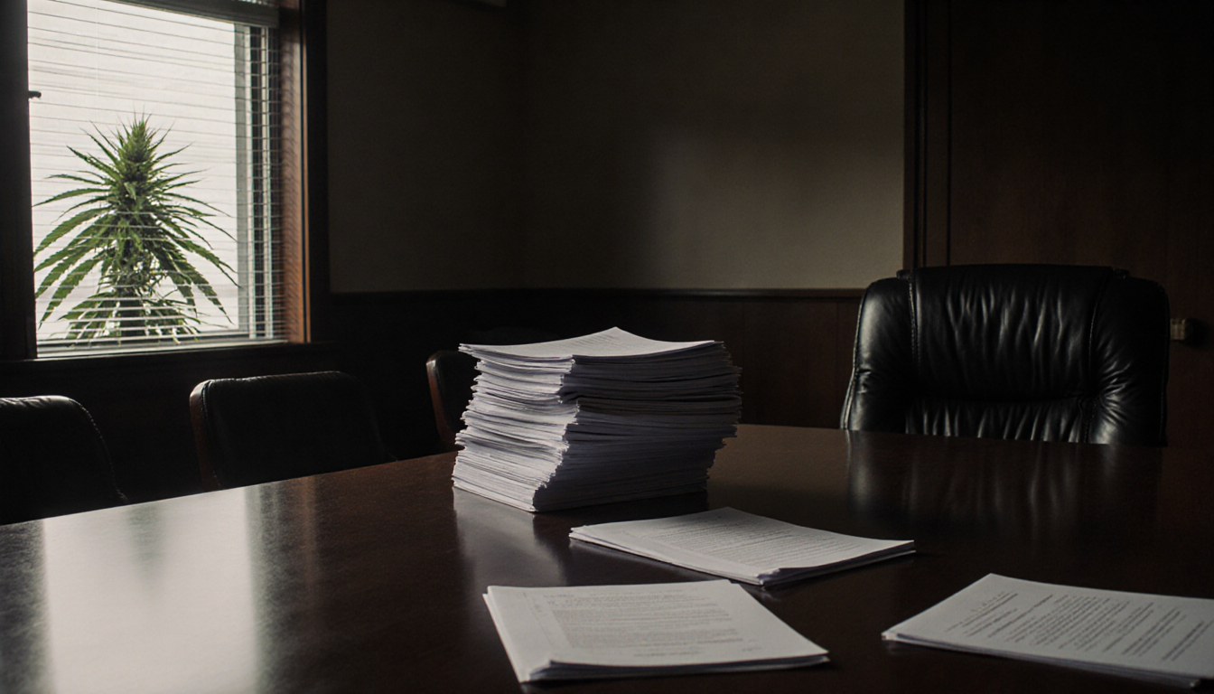 Documents stacked on a dimly lit table displaying corruption with a faint marijuana plant visible through the window