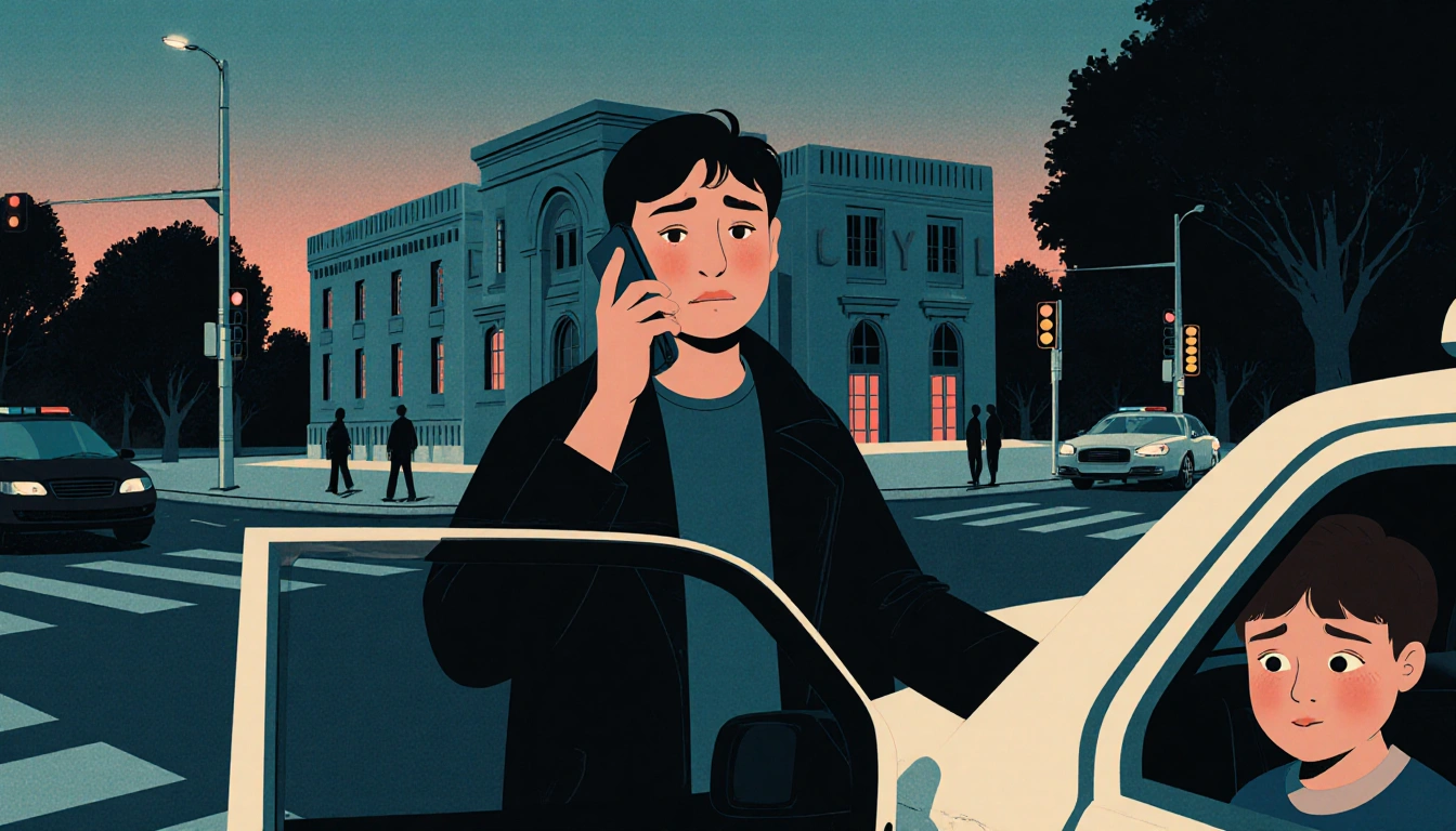 Person holding phone with concerned expression in front of police station with child's face visible through car door urgent