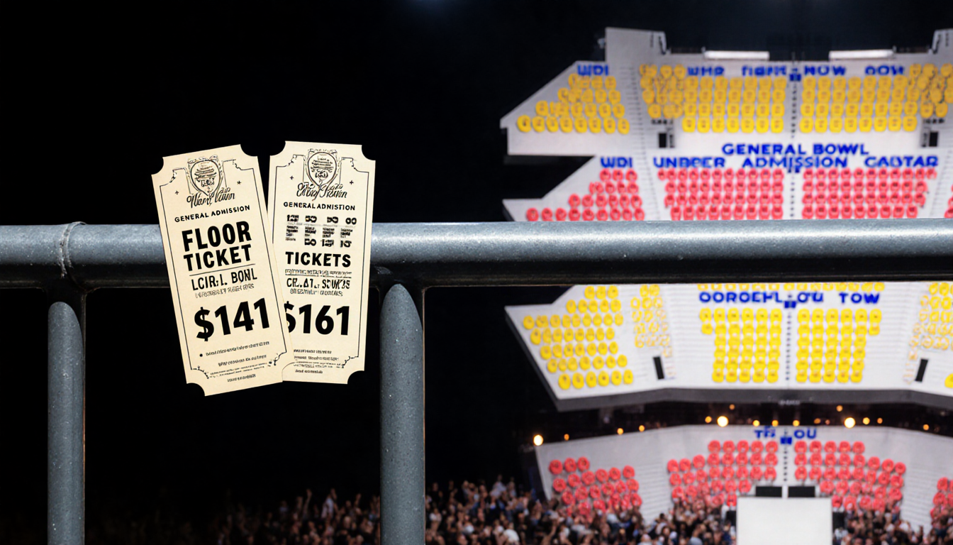 Three-tiered seating arrangement showing bold ticket prices and lower and upper bowl seats with blurred concert crowd behind