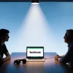 Founder discusses investment with VC and laptop showing TechCrunch logo in dim conference room