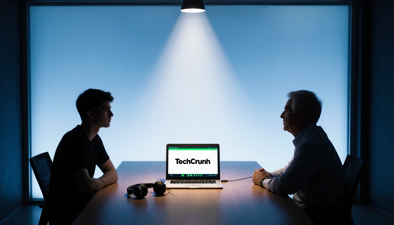 Founder discusses investment with VC and laptop showing TechCrunch logo in dim conference room