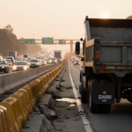 Dump truck parked with lifted tires beside median with brake lights of idling cars and yellow barriers