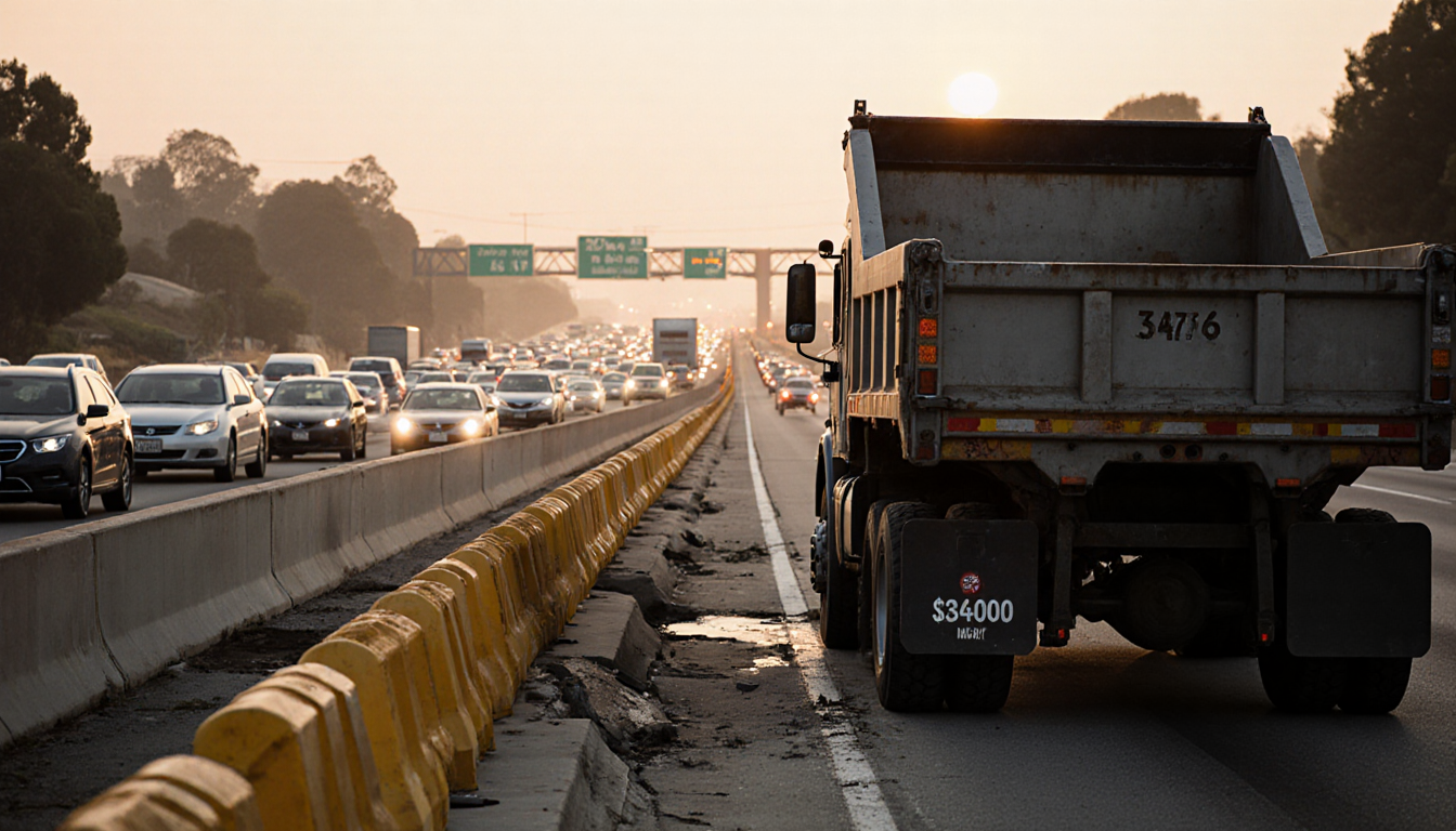 Dump truck parked with lifted tires beside median with brake lights of idling cars and yellow barriers
