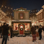 Fans gather around the vintage Christmas movie set with twinkling lights and hot cocoa vendors in a winter wonderland