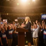Erika Kirk speaking at podium with JD Vance beside her and thousands of supporters cheering and waving American flags