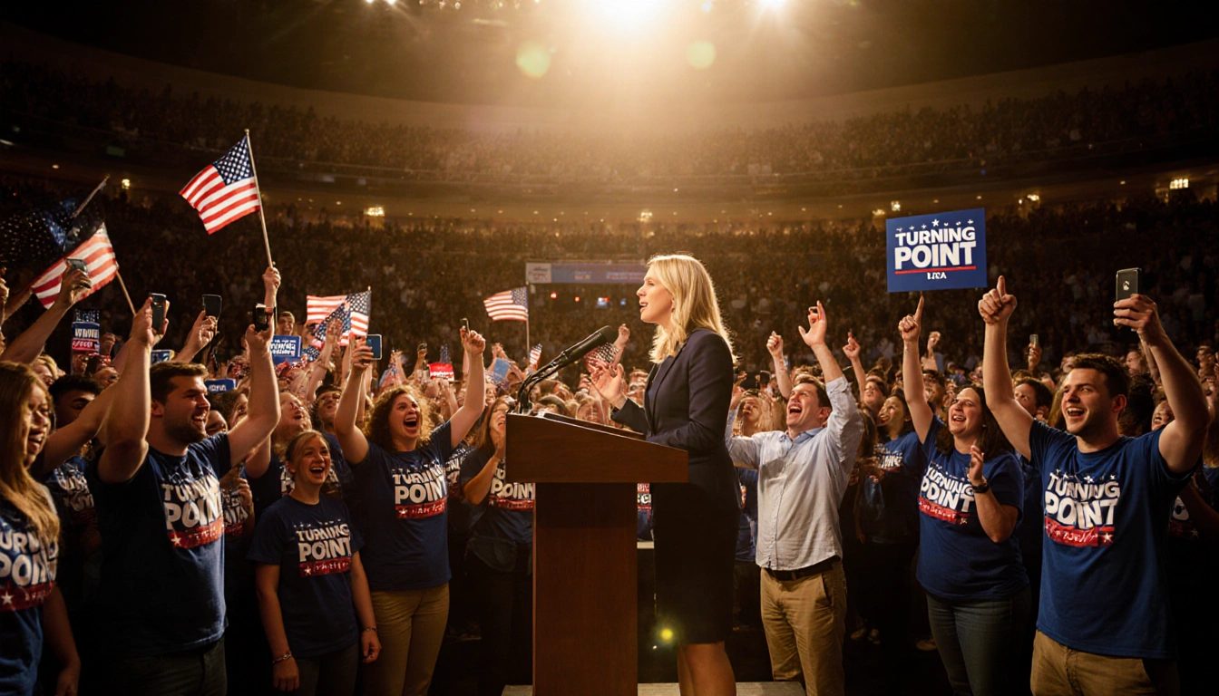 Erika Kirk speaking at podium with JD Vance beside her and thousands of supporters cheering and waving American flags