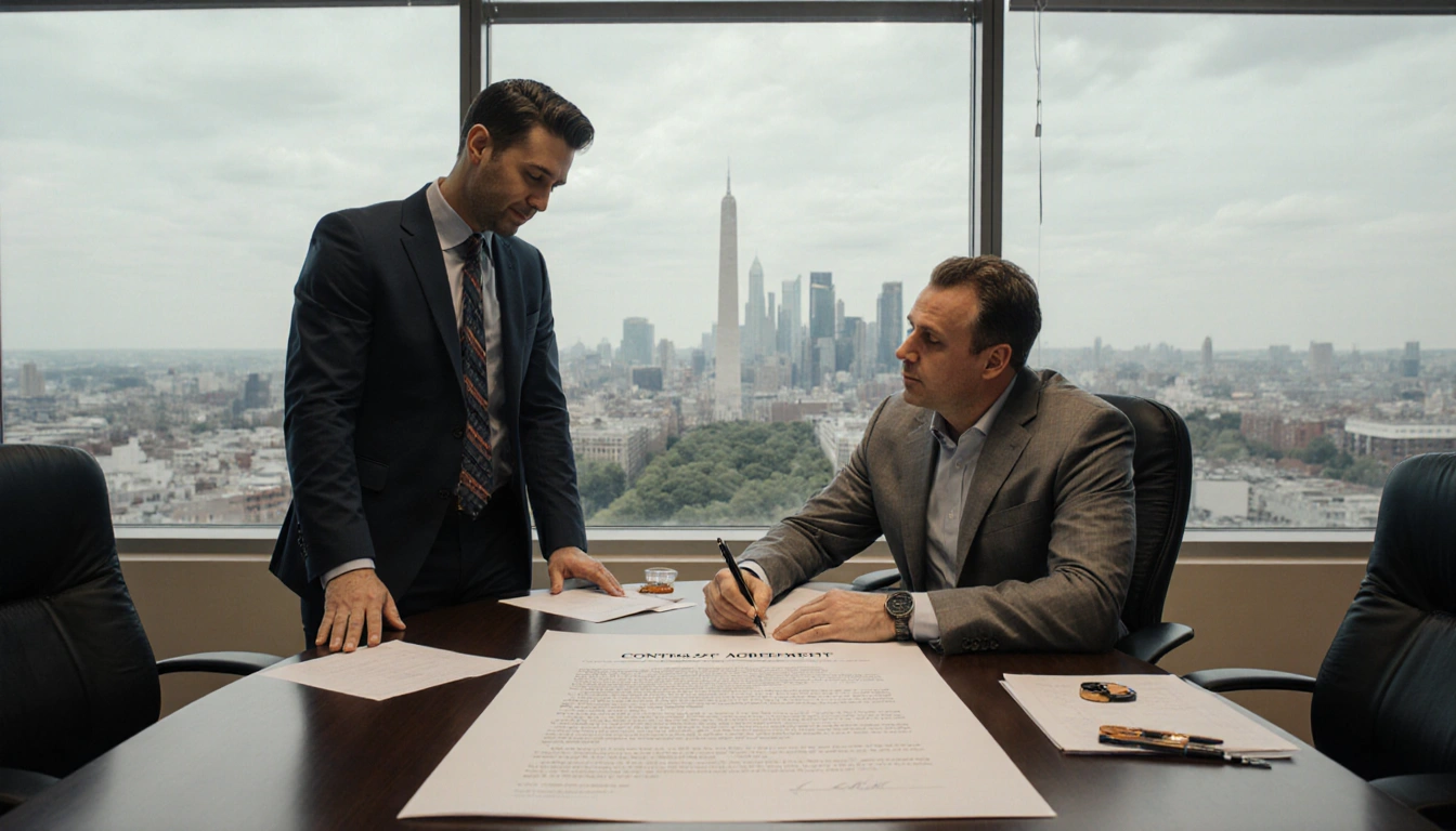 Louis Martin signing a large contract in an office with Christopher Powell and a cityscape backdrop