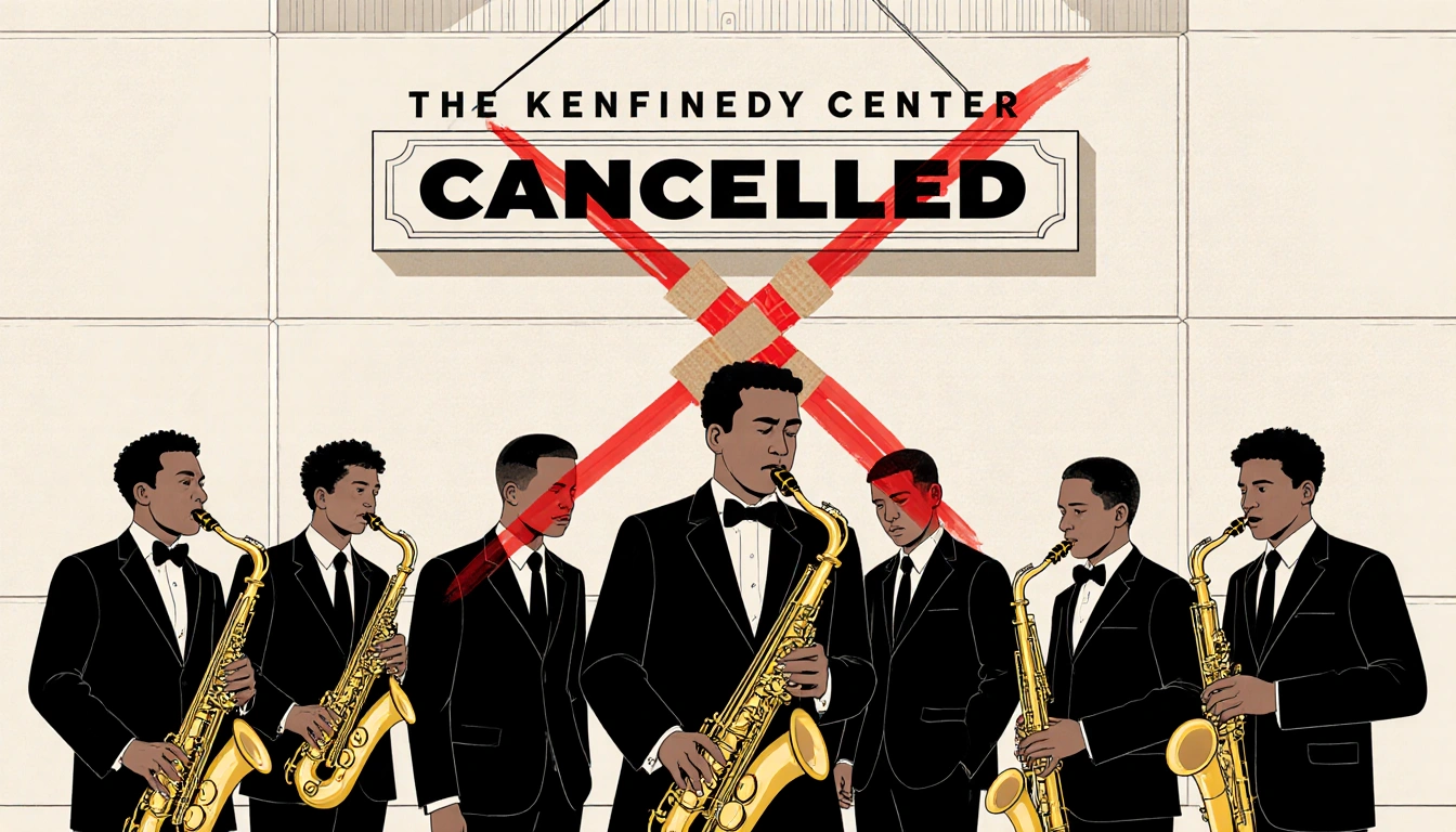 Jazz band stands before blank wall with red X and missing nameplate on Kennedy Center disappointed as CANCELED banner hangs.