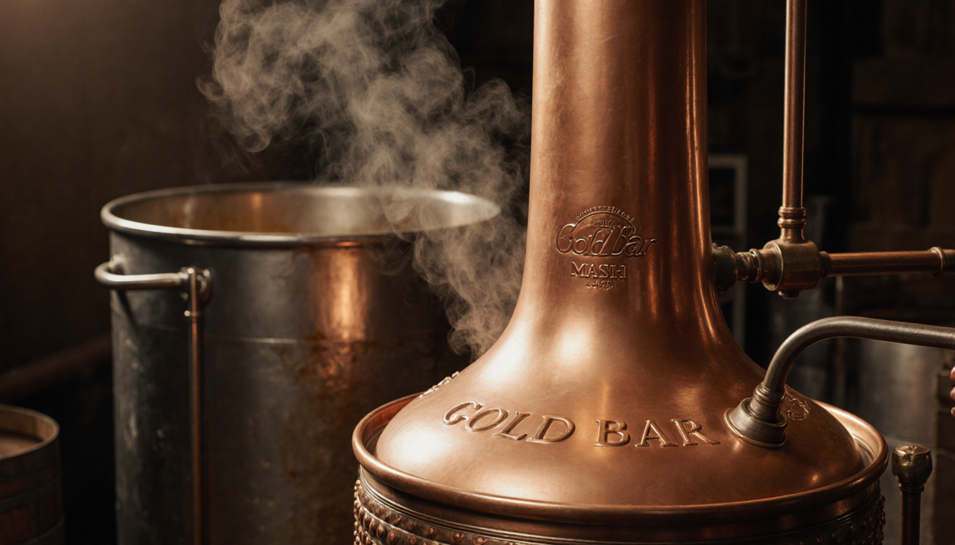 Copper still steaming with warm golden light while a stainless steel vat in background holds murky liquid near oak barrels an