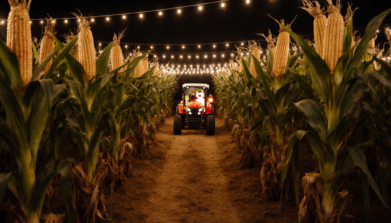 Winding corn maze path invites exploration with twinkling lights and a tractor pulling a trailer of decorated animals in the 