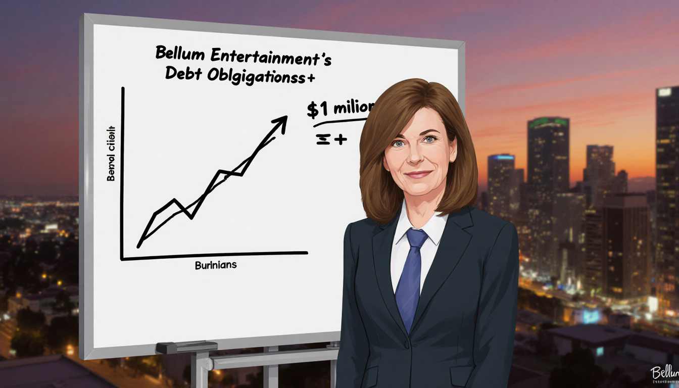 Mary Carole McDonnell stands in a corporate suit beside a whiteboard showing Bellum Entertainment debt with Burbank skyline