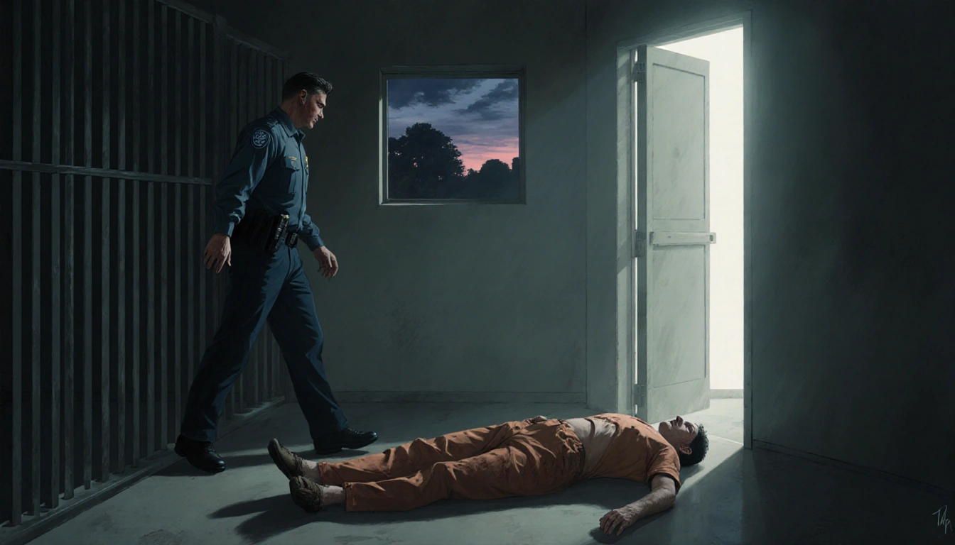Correction officer discovering a deceased inmate with an ajar jail cell door and corridor light hinting hope and despair.
