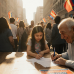 Young girl marking census form with pen with colorful flags and posters surrounding the table