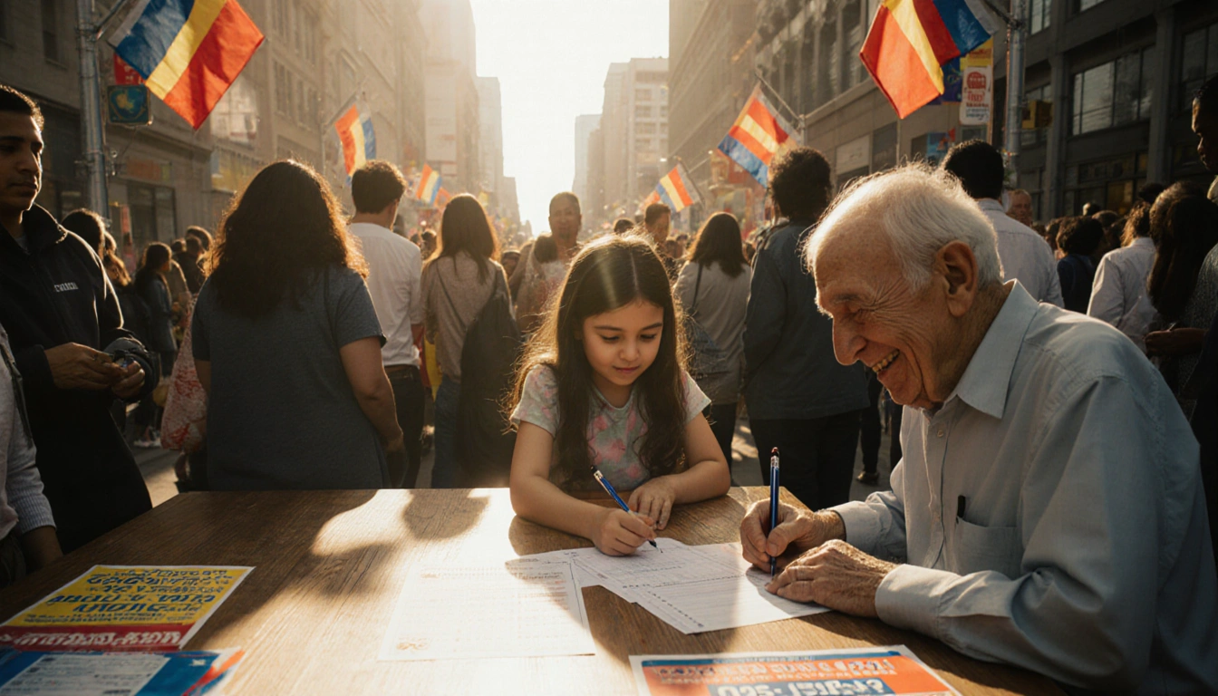 Young girl marking census form with pen with colorful flags and posters surrounding the table