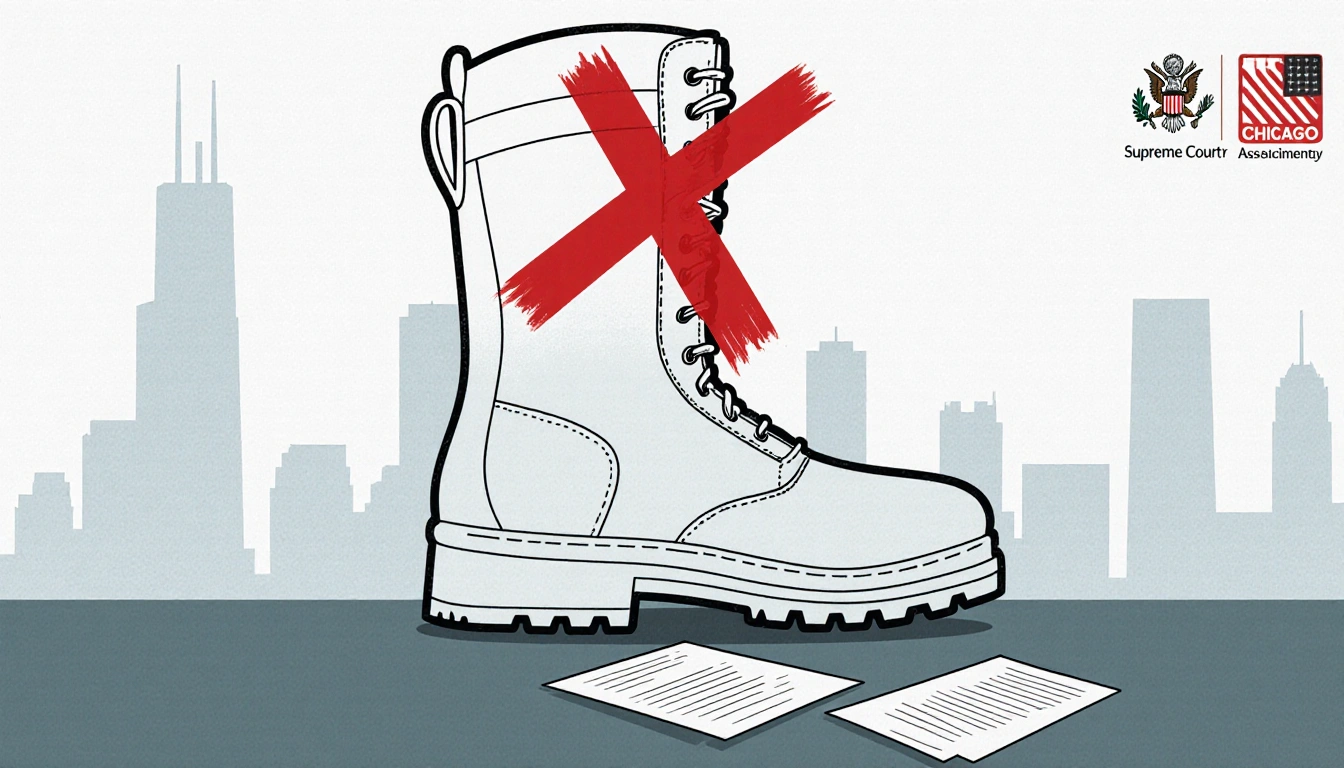 Red X marks military boot outline with cityscape background and papers depicting Chicago court order blocking National Guard.