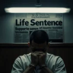Defendant seated in handcuffs with flickering fluorescent light above and a blurred Life Sentence headline in background.