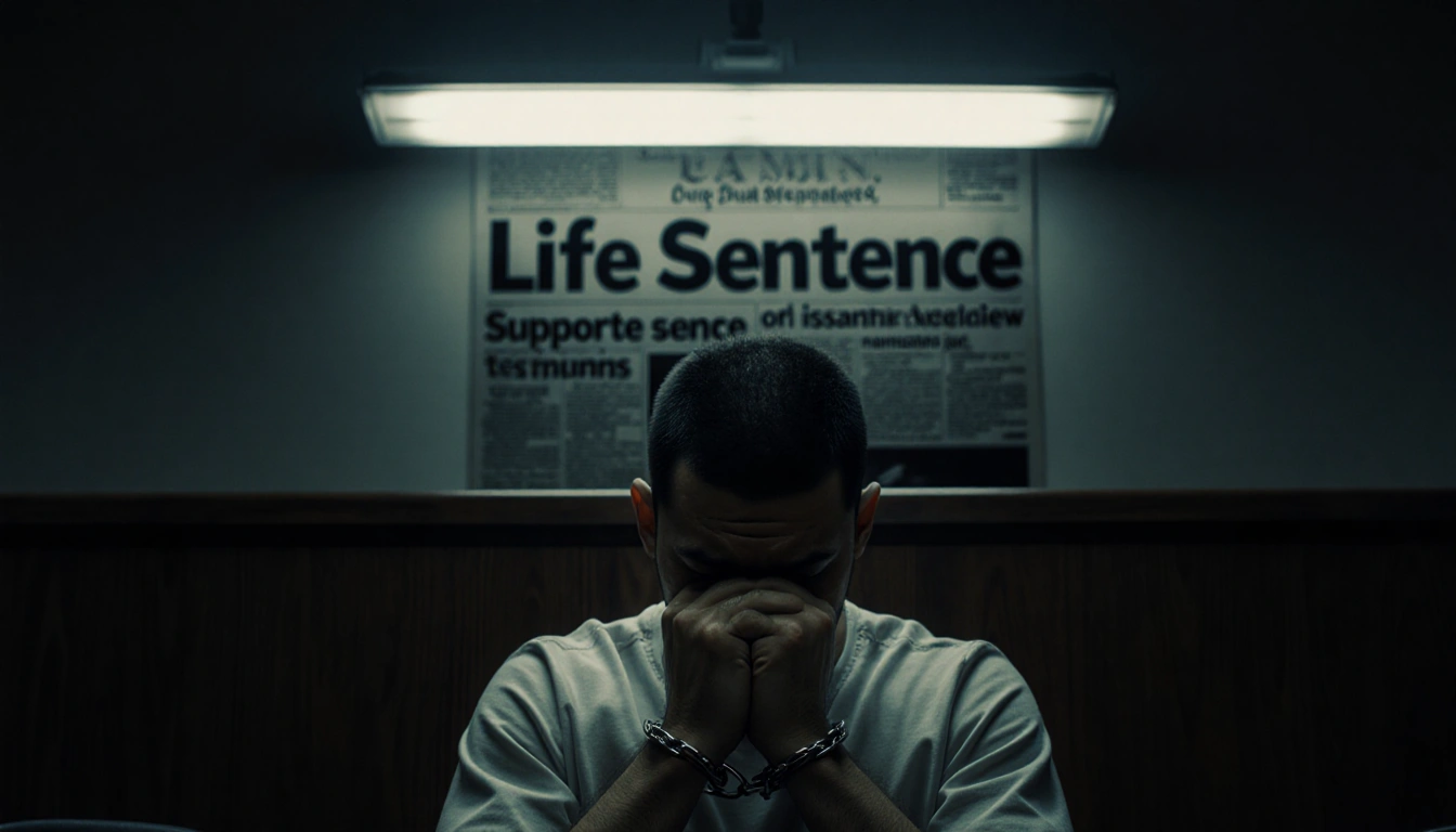Defendant seated in handcuffs with flickering fluorescent light above and a blurred Life Sentence headline in background.