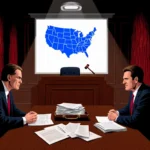 Lawyers arguing over election map with judge’s gavel and redwood backdrop.