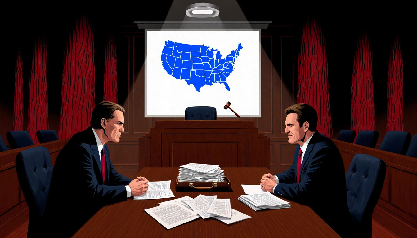 Lawyers arguing over election map with judge’s gavel and redwood backdrop.