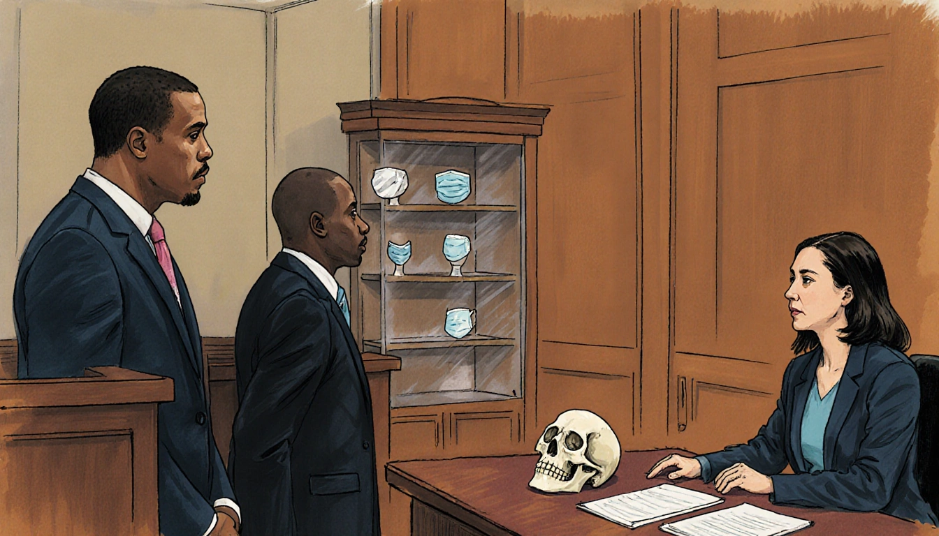 Cedric Lodge standing before court judge with lawyer and attorney across and a medical room backdrop with skull and baubles.