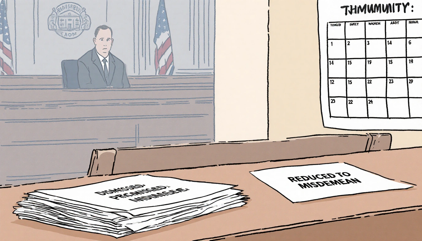 Prosecutor sits at desk with stack of dismissed felony papers and empty bench in courtroom