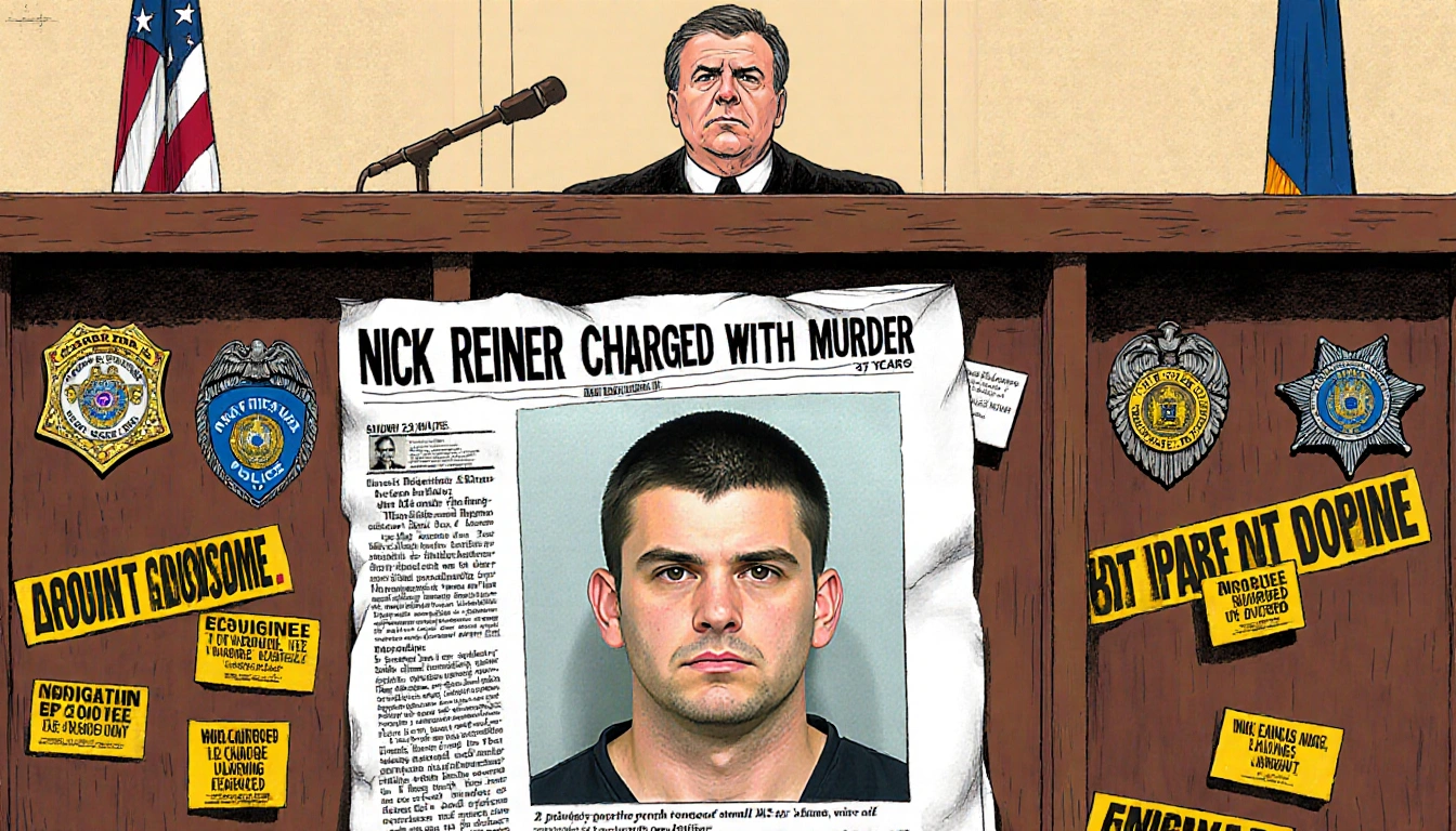 Courtroom bulletin board displaying headline with police badges and mugshot above it