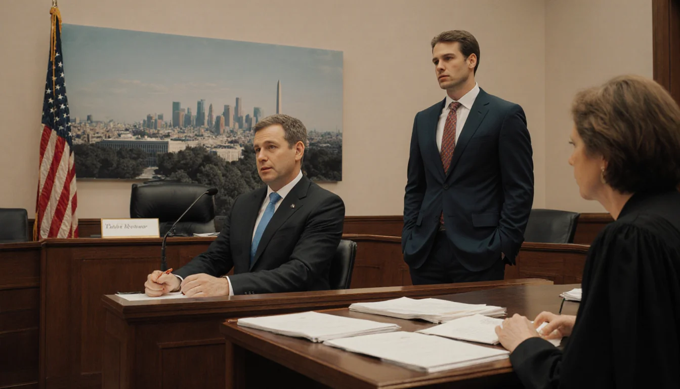 Male lawyer addressing court with judge's bench and Tad Heuer standing confidently while Washington D.C. skyline looms behind