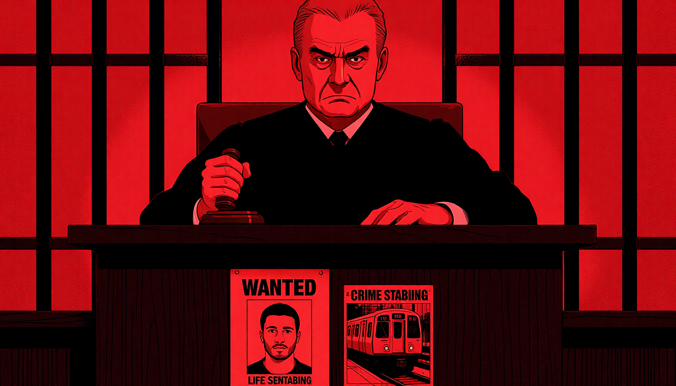 Judge holds gavel in courtroom and looks at wanted poster with red tones and prison bars behind