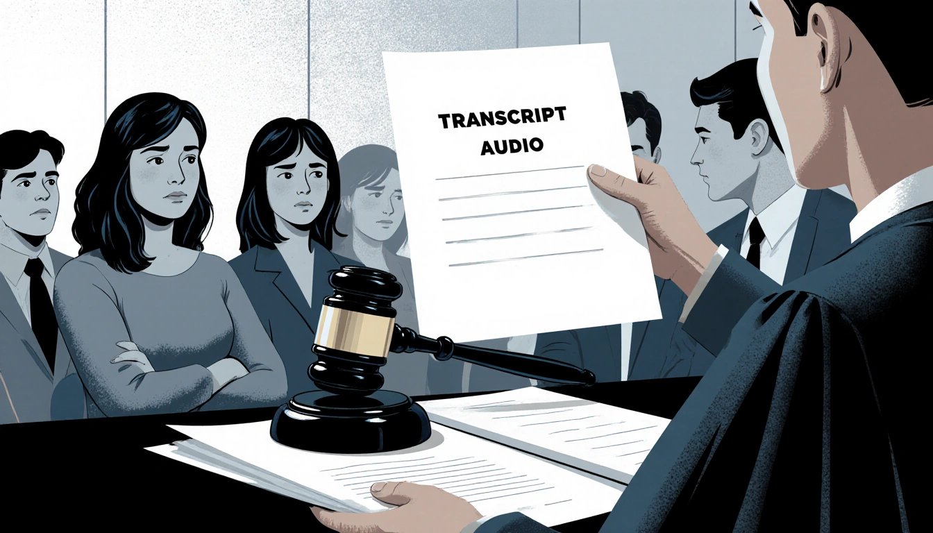 Judge holding up a transcript and audio document with gavel on desk and blurred public in background