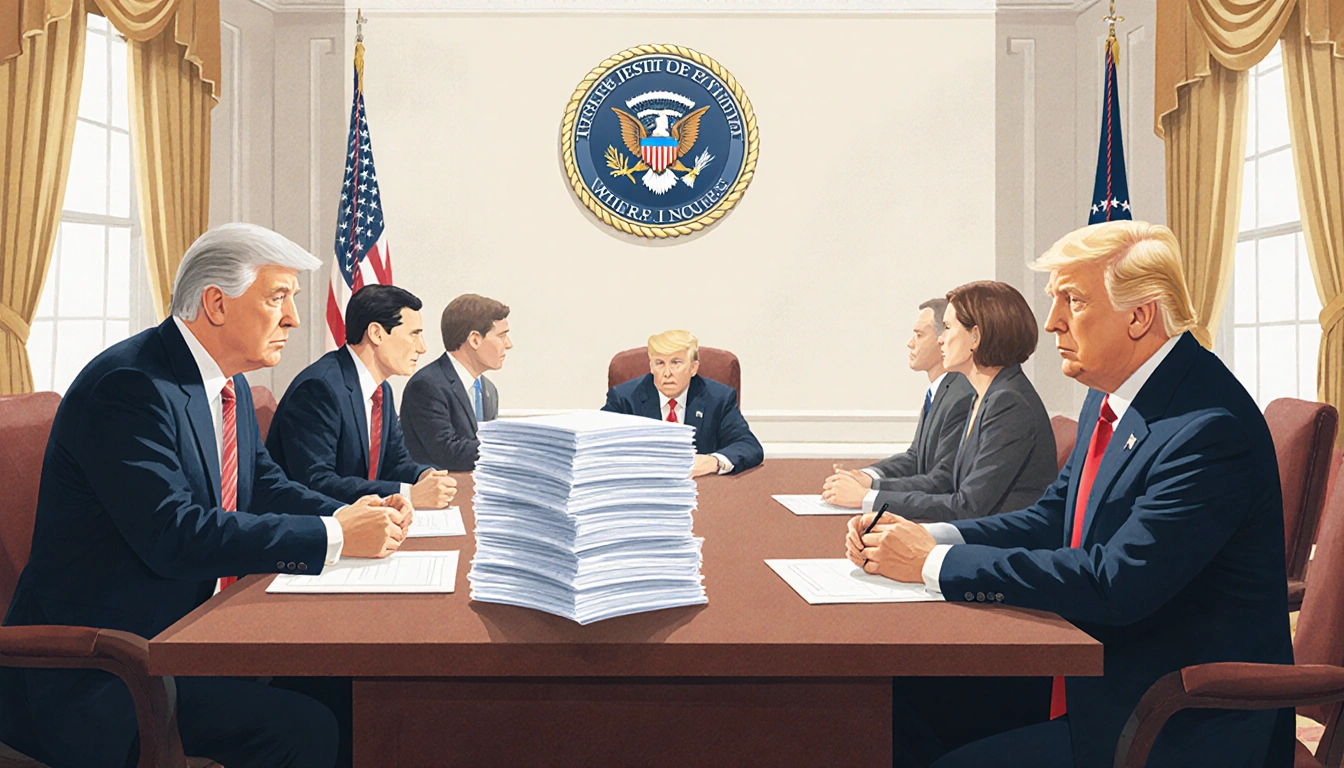 Officials sit at a courtroom table with Justice Department and White House figures beside a document stack.