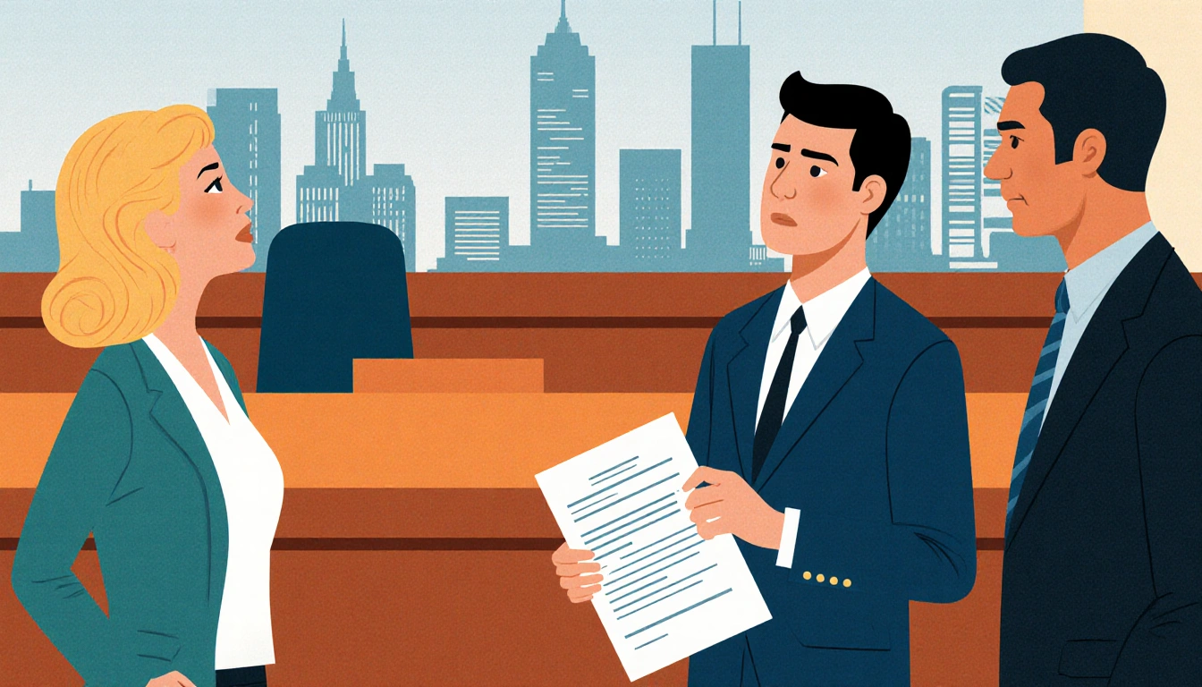 Brigitte Kruse and Kevin Fialko hold contract with lawyer in court cityscape hinting heritage.