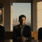 Mark Chavez sits in handcuffs at defense table with stern lawyers in courtroom and faded Friends poster behind showing regret