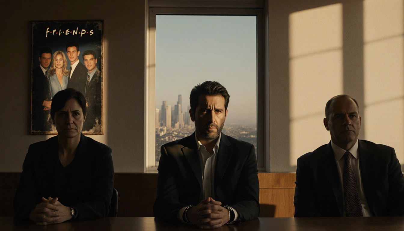 Mark Chavez sits in handcuffs at defense table with stern lawyers in courtroom and faded Friends poster behind showing regret
