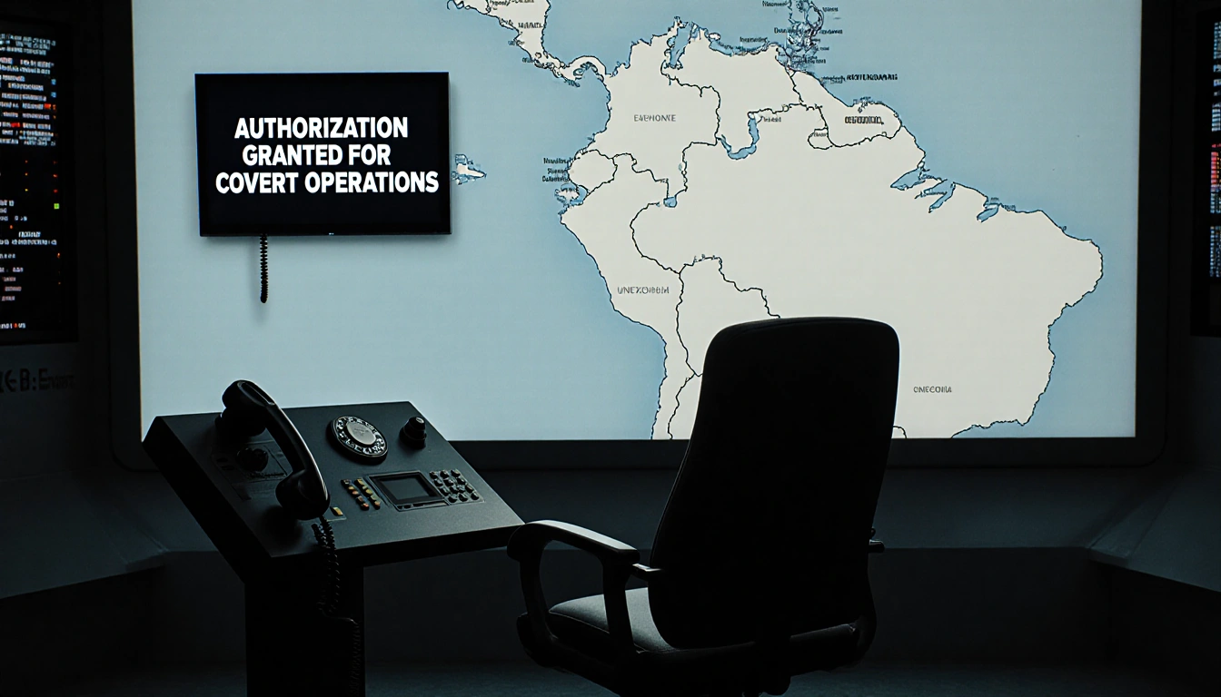 Empty chair awaits call in control room with phone receiver and Venezuela map behind.