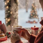 Dunkin member holding steaming coffee with donut box and snowy window decorated with Christmas lights