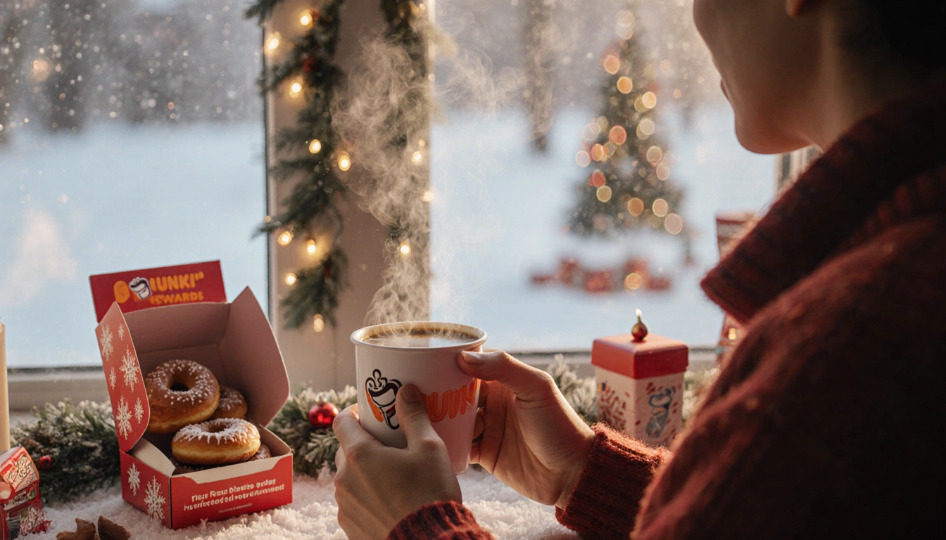 Dunkin member holding steaming coffee with donut box and snowy window decorated with Christmas lights