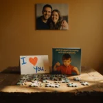 Table displays half‑finished puzzle with child book and handmade card under cozy golden light