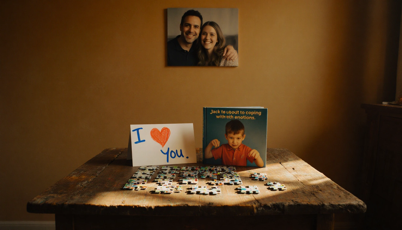Table displays half‑finished puzzle with child book and handmade card under cozy golden light