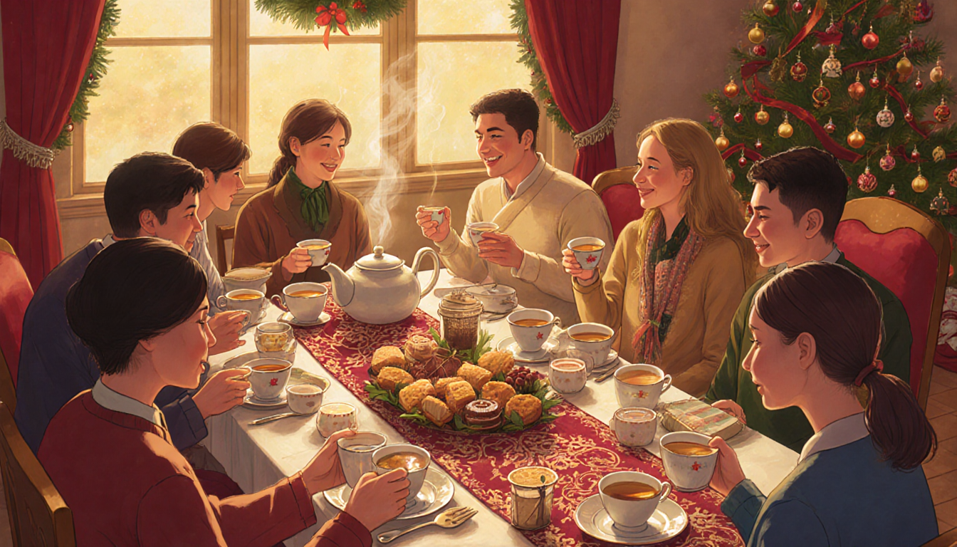 Guests chatting around a holiday tea table with steaming teacups and sweet treats
