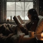 Woman reading a leather-bound book with candlelight and snowflakes outside the window.