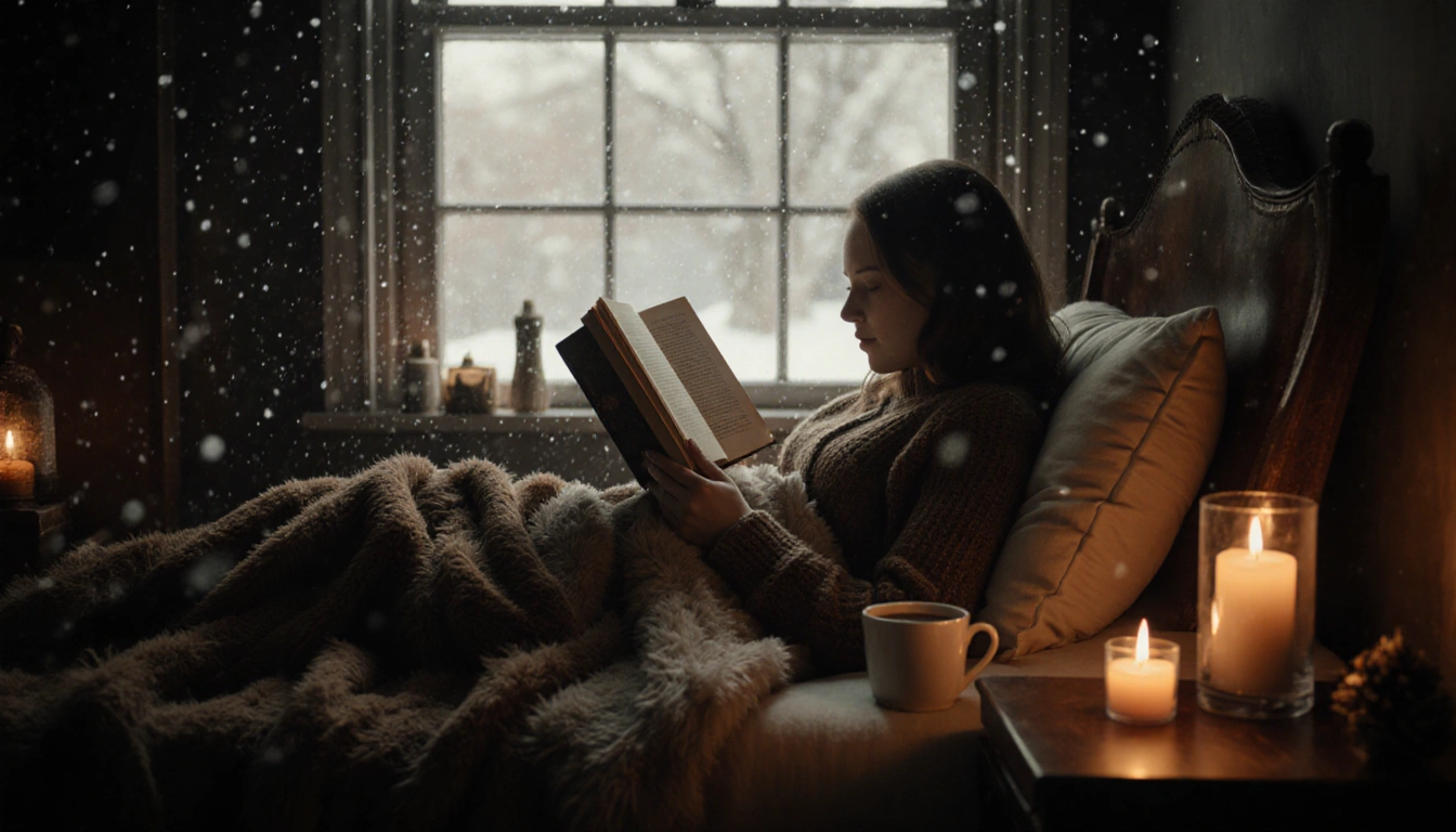 Woman reading a leather-bound book with candlelight and snowflakes outside the window.