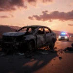 Medic kneels beside injured person with mangled car remains and flashing police lights at dusk