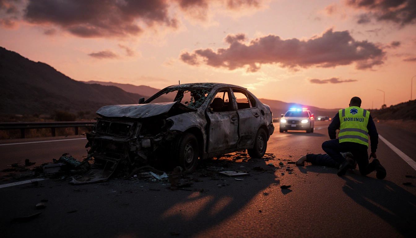 Medic kneels beside injured person with mangled car remains and flashing police lights at dusk