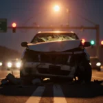 Crashed car on westbound 210 Freeway with police light casting orange glow and twisted metal debris at dusk